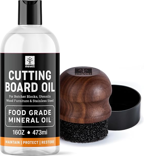 Food Grade Mineral Oil for Cutting Boards and Cutting Board Applicator Sponge with Walnut Wood Handle, Great for All Wood Utensils and Butcher Blocks