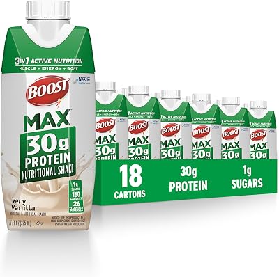 BOOST MAX Protein Shakes Ready to Drink - 30g High Protein Shake - Vanilla | Nutritional Drinks to Support Muscle Recovery After Exercise, 26 Vitamins & Minerals, 1g Sugar, 11 fl oz Pack of 18