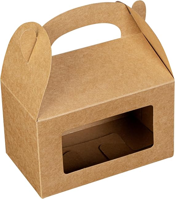 Restaurantware Gable Gift Boxes Pack of 25 Greaseproof Paper Treat Boxes 6 x 3.5 x 3.5 Inches With Window, Disposable Design Kraft Containers for Weddings or Birthdays