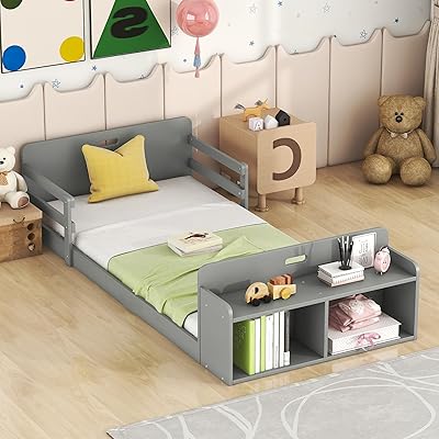 Twin Size Floor Bed with Storage Footboard and Guardrail, Space Saving Floor Wood Twin Bed Frame Compatible with Kids, Teens, Multi-Functional Design, No Box Spring Needed Grey,Queen