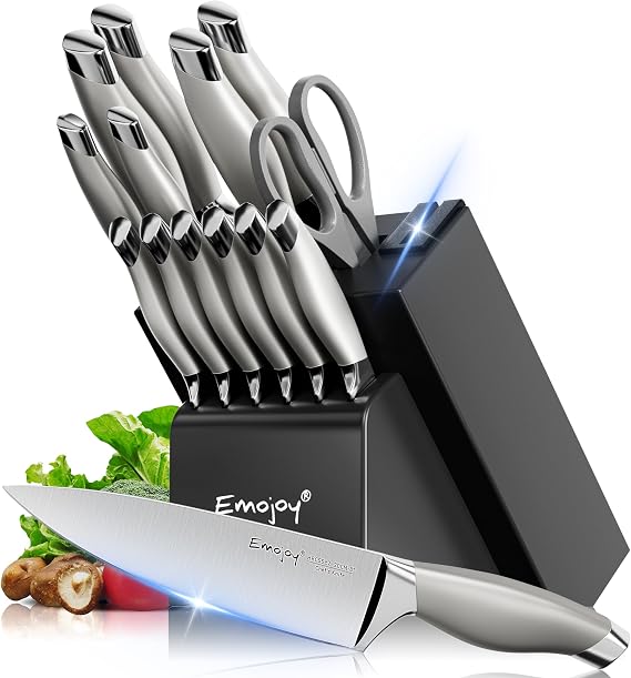 Emojoy Knife Set with Block, Kitchen Knife Set with Built-in Sharpener, German Stainless Steel Sharp Chef Set with Hollow Handle, Dishwasher Safe and Rust Proof