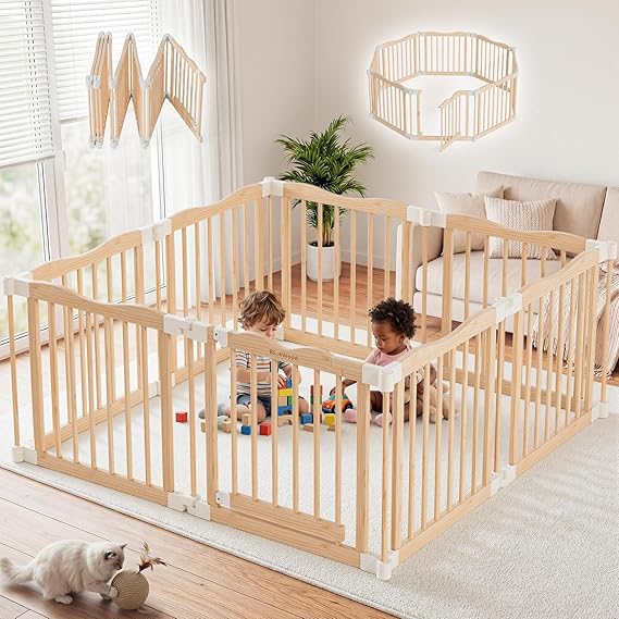 Foldable Wooden Playpen, Natural, 55 x 55 x 24 inches