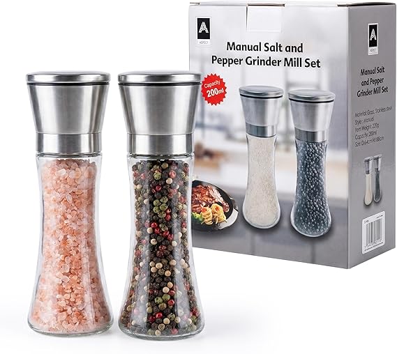 Aspect Salt and Pepper Grinder Set of 2, Manual Salt and Pepper Mills 200ml Glass Stainless Steel Spice Grinders with Adjustable Coarseness, Refillable Pepper Mill Set for Kitchen Cooking