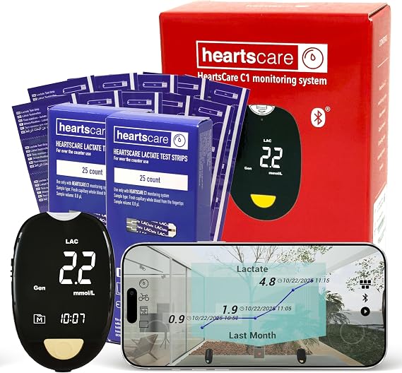 HeartsCare Lactate Testing kit - 50 Strips and 1 Meter - 5 sec Testing time with Free 3D Performance Bluetooth App Integration