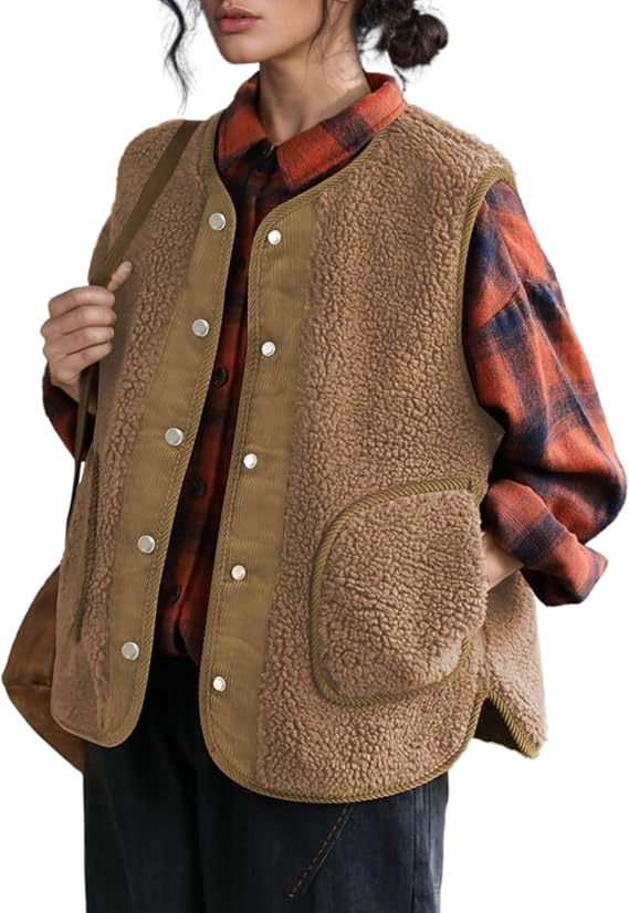 QIBABU Womens Fuzzy Fleece Vest Casual Button Down Sherpa Vest Warm Sleeveless Jackets with Pockets