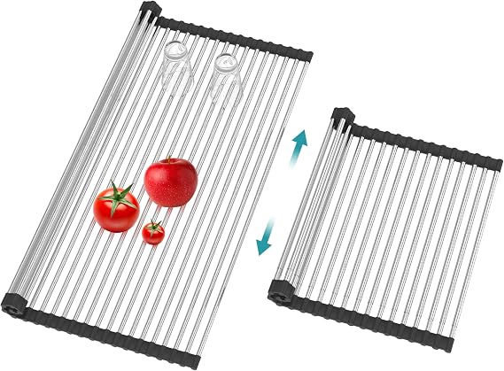 BBXTYLY Extra Large Expandable Roll Up Dish Drying Rack,Over The Sink Drying Rack Sink Cover Kitchen Sink Accessories Kitchen Rolling up Stainless Steel Drainer, Foldable,Rollable(Black,22.8''-17.3'')