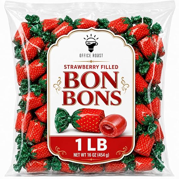 Strawberry Bon Bons Candy, 1 LB Bulk Bag Individually Wrapped Strawberry Filled Hard Candy with Chewy Center, Classic Fruit Candy for Piata Stuffers, Party Favors, Candy Bowls, Office Snacks & Events
