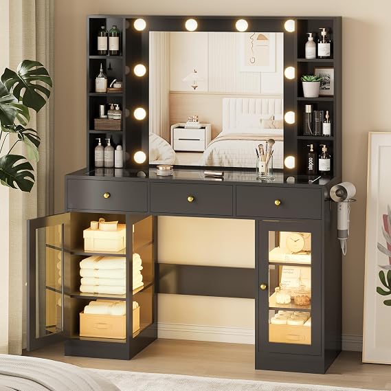 Xixini 43" Makeup Vanity with Mirror & Lights, RGB Glass Cabinets, Black | Visible Glass Top, Charging Station, 3 Light Modes & Adjustable Brightness, Spacious Storage for Bedroom & Dressing Room