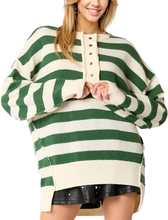 InterNos Women's Long Sleeve Striped Pullover Sweater Button Down Henley Style Knit Sweatshirt Jumper Tops