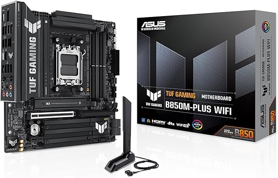 ASUS TUF Gaming B850M-PLUS WiFi AMD AM5 B850 mATX Motherboard, 14+2+1 80A DrMOS Stages, DDR5, PCIe 5.0, 3X M.2, Wi-Fi 6E, 2.5Gb LAN, DP, HDMITM, USB 10Gbps & 20Gbps Type-C, BIOS FlashbackTM, Aura Sync