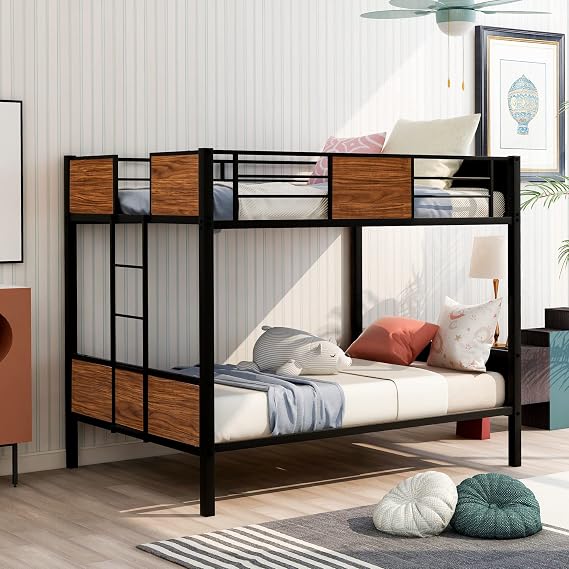 Lokee Full Over Full Metal Bunk Beds with Safety Rail Ladder for Dormitory Bedroom Boys Girls Adults,Easy Assemble Heavy Duty Bed Frame,No Box Spring Need,Black