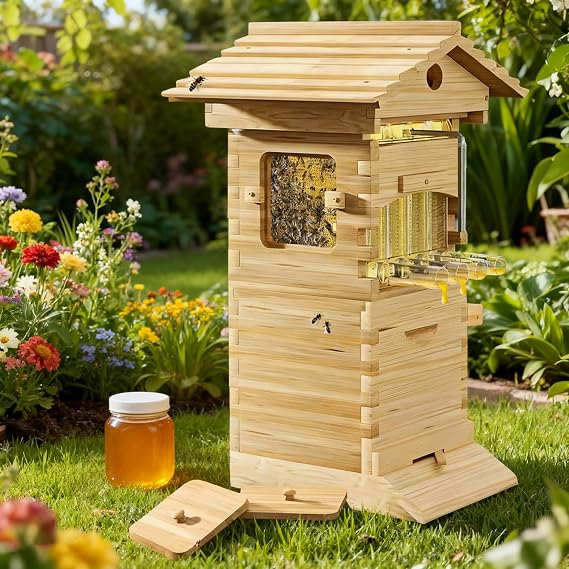 Bee Hive Boxes Starter Kit, Complete Beehive for Bee Keeping, 10 Frames Bee House, Honey Spout and Observation Window, Beekeeping Supplies, Carpenter Bee House for Garden Pollinators