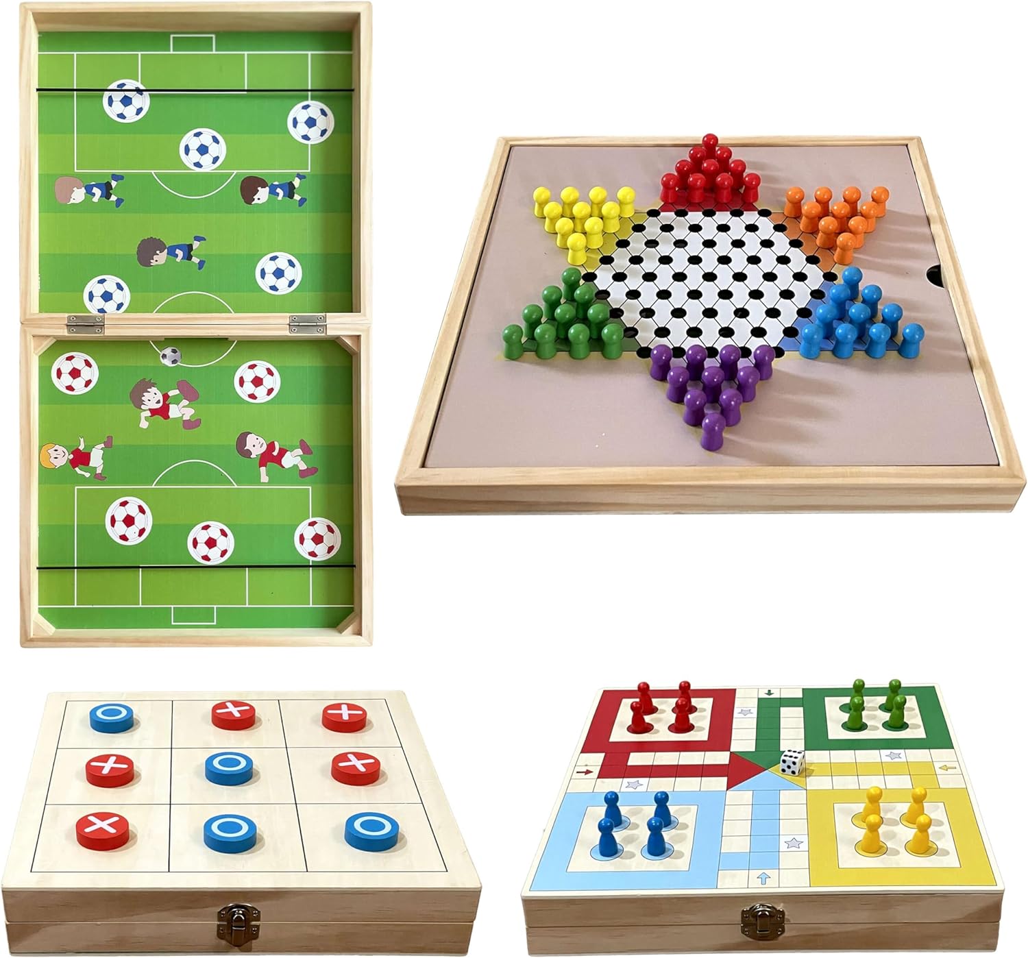Double Sided 4-in-1 Wooden Board Game Set | Fast Sling Puck, Ludo, Tic Tac Toe &amp; Chinese Checkers | Classic Family Board Games for Kids &amp; Adults | Travel Size Board Games for 2 and More Players