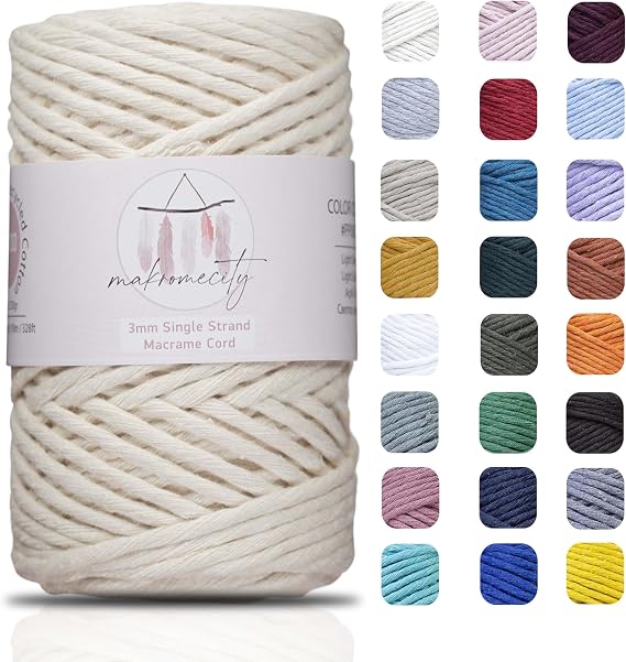 Makromecity, Single Strand Macrame Cord 3 mm x 109 Yards (328 feet) 3mm Single Strand Natural Cotton Cord for Macrame Art & Crafts for Wall Hangings Recycled Cotton Cord Yarn DIY (Ecru, 1 Skein)