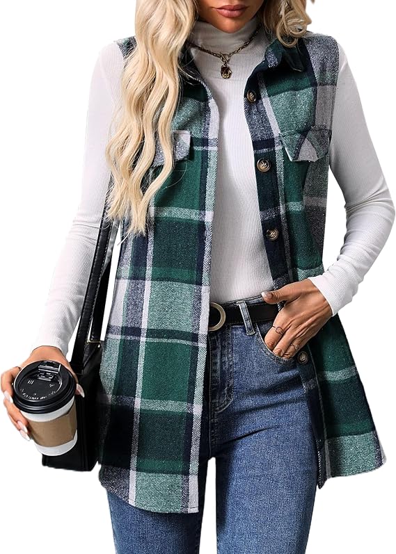 ZILIN Women's Flannel Plaid Vest Button Down Sleeveless Shacket Shirt Jacket