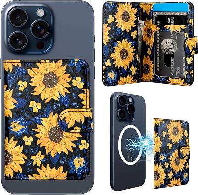 HAOPINSH for MagSafe Wallet Magnetic Wallet Card Holder, Blooming Sunflowers Pattern Detachable Adjustable Flip Leather iPhone Kickstand Mag Safe Card Slots for iPhone 1615141312 Series