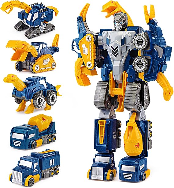 Toddler Dinosaur Transform Car Toy Rescue Robot Build Truck Boy | 5pcs Construction Car Set Magnetic Connectors Assemble DIY STEM Action Figure Birthday Present for Kids Girl 3 4 5 6 7 Year