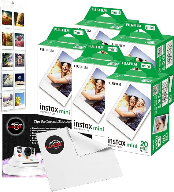 Instant Camera Film Bundle with Mini Film x 100 Shots, Wall Hanging Album, Clikoze Lens Cloth and Instant Photography Tips Card