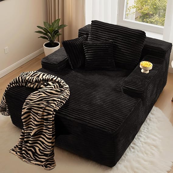 ovios 67'' Chaise Lounge Chair Indoor, Oversized Boneless Sofa Bed, Deep Seat Sleeper Small Couch for Living Room, No Assembly Required (Faux Fur, Black)