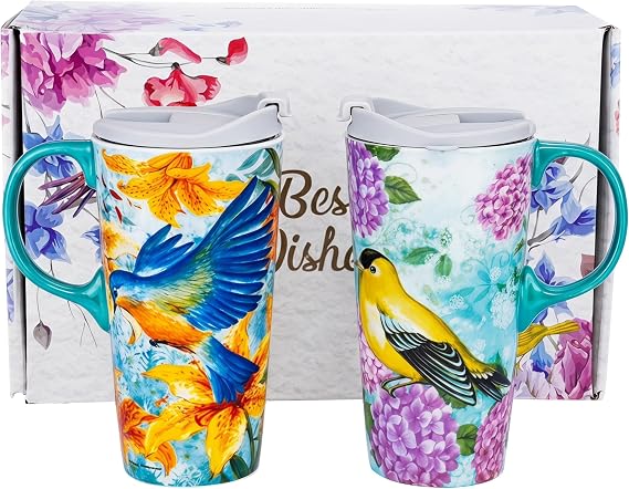 17oz Ceramic Travel Mug Set of 2, Goldfinch & Bluebird Coffee Mugs