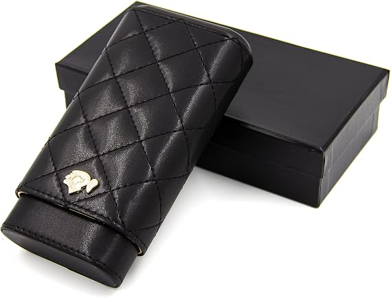 Adjustable All Black Leather Cedar Wood 3 ct Cigar Case Holder Humidor