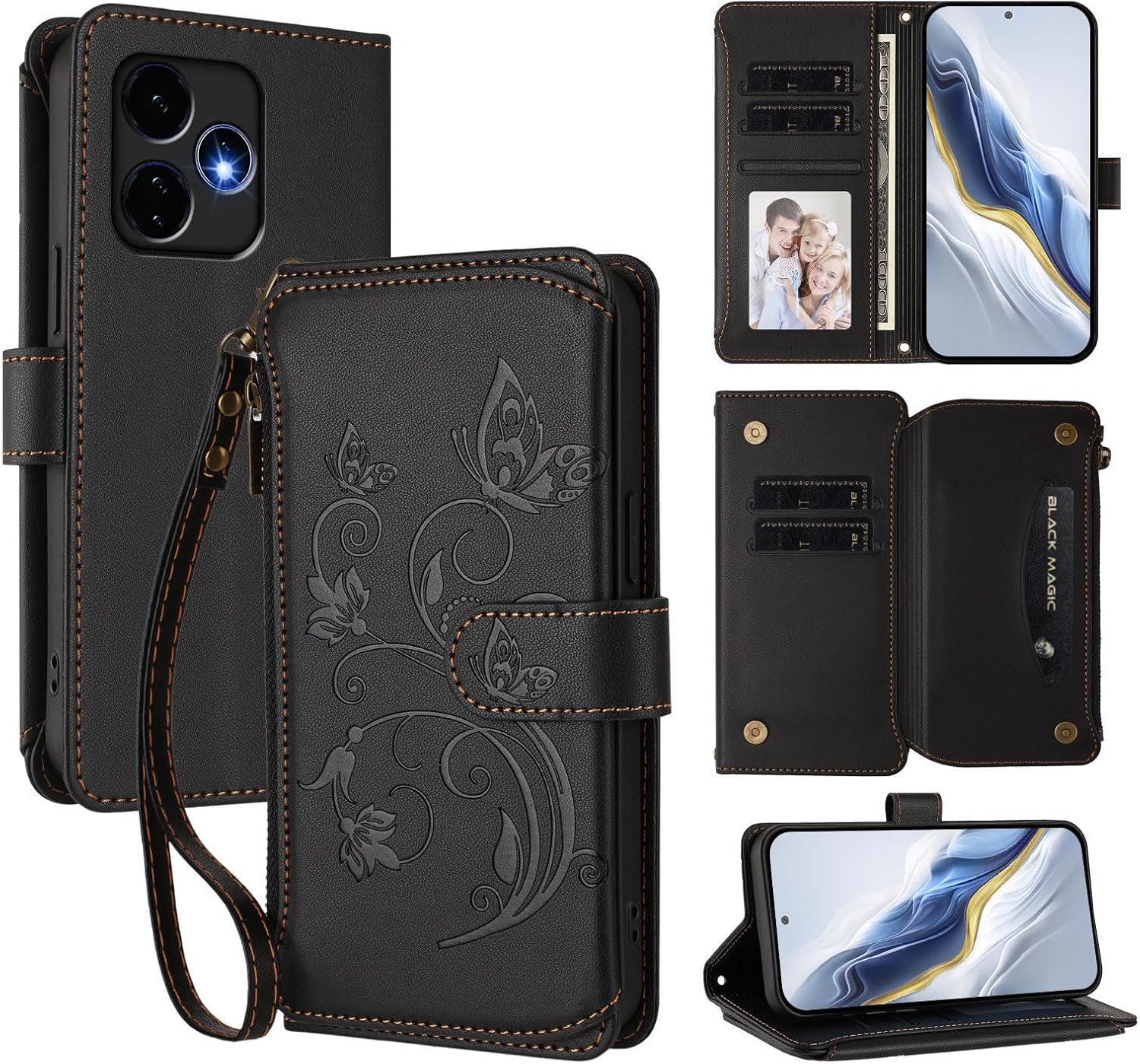 Smartphone Case Compatible with Boost Mobile Celero 5G Plus 2024, Compatible with Boost Mobile Celero 5G 2024 Lanyard 5 Card Holder Zipper Wallet Magnetic Clasp Flip Stand Smartphone Case Black