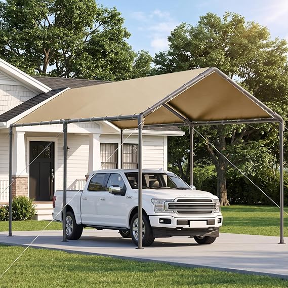 10'x20' Outdoor Heavy Duty Carport Storage Shed Portable Garage Boat Shelter Party Tent Waterproof & UV Galvanized Protected Tarp Beige