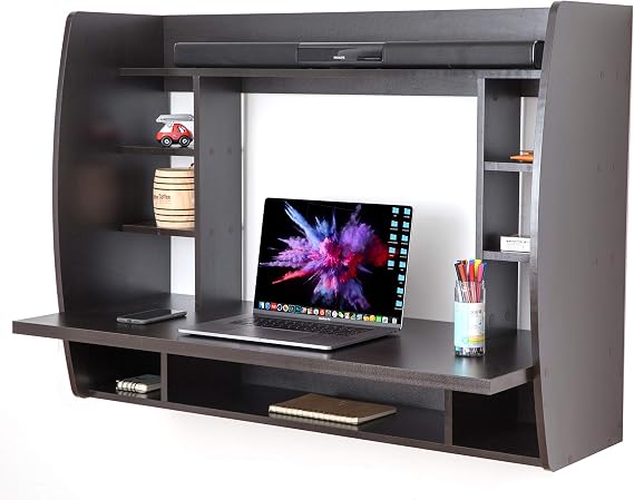 Basicwise Wall Mount Laptop Office Desk with Shelves, Black,
