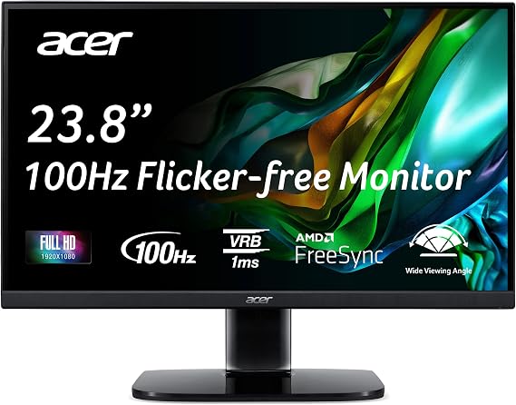 acer KC242Y Hbi 23.8" Full HD (1920 x 1080) Zero-Frame Gaming Office Monitor | AMD FreeSync Technology | 100Hz | 1ms (VRB) | Low Blue Light | Tilt | HDMI & VGA Ports