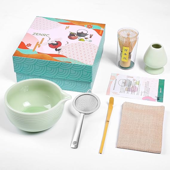Ceremony Matcha Kit - Bamboo Matcha Whisk (Chasen) Scoop (Chashaku) Chawan Bowl with Pouring Spout Whisk Holder Strainer- The Perfect Matcha Set (Apple Green, Set of 6)