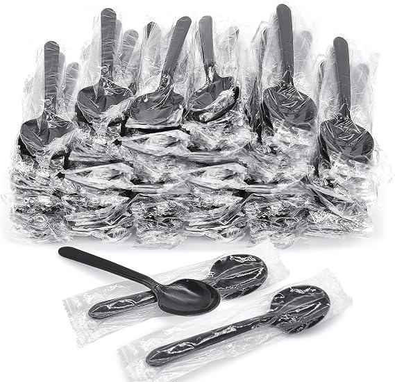 Plastic Spoons Individually Wrapped, Heavy Duty Disposable Spoons Bulk - Ideal for Parties, Restaurants, Travel, Takeout, Desserts (500, Black)