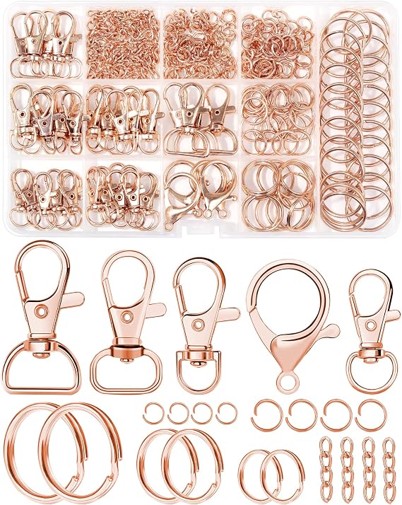 325PCS FIVEIZERO Keychain Making Kit, Rose Gold Keychain Clips | included Lobster Claw Clasp, Swivel Snap Hook, Jump rings & Extender Chain for Crafts, DIY Projects & Purse Making Supplies