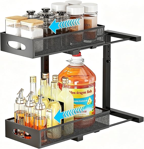 Under Sink Organizer, 2-Tier Pull Out Cabinet Storage, Black