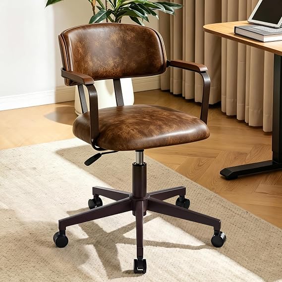 BFZ Mid Century Office Chair, Faux Leather Desk Chair with Walnut Back | Adjustable Height 360 Swivel, Comfy Arms & Rolling Design for Vanity, Study, Brown