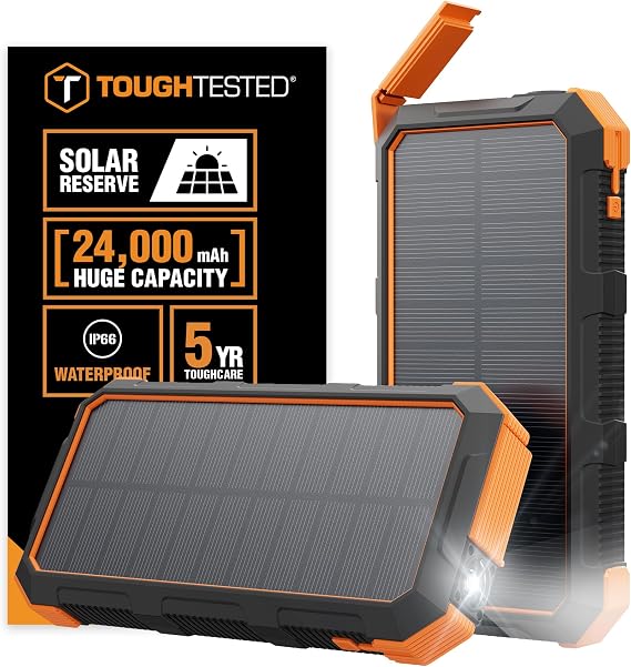 ToughTested 24000mAh Solar Power Bank, LED Flashlight, USB-C Fast Charging | Fast charging power bank with LED flashlight and IP66 rugged protection for camping, travel, and emergencies