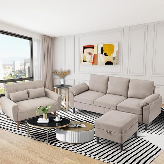 Convertible Sectional Sofa Sets, 79" Small L Shaped 3 Seat Couch with Reversible Chaise and 48" Loveseat, Modern Line Sofa Couches for Living Room, Beige