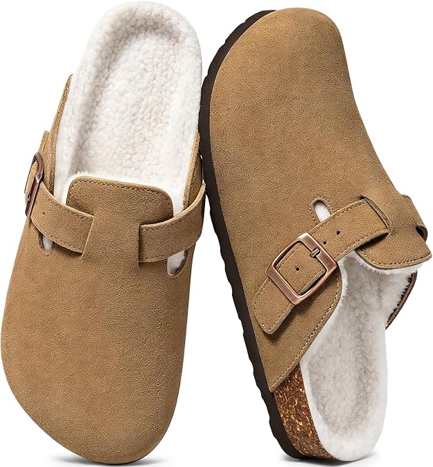 KIDMI Women's Fur Lined Genuine Suede Clogs Fuzzy Cork Footbed Potato Shoes