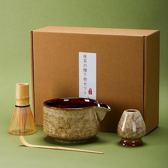 Matcha Tea Set 4 Pcs, Japanese Traditional Ceramic Bowl, Matcha Whisk (Chasen), Scoop (Chashaku), Whisk Holder (Brown)