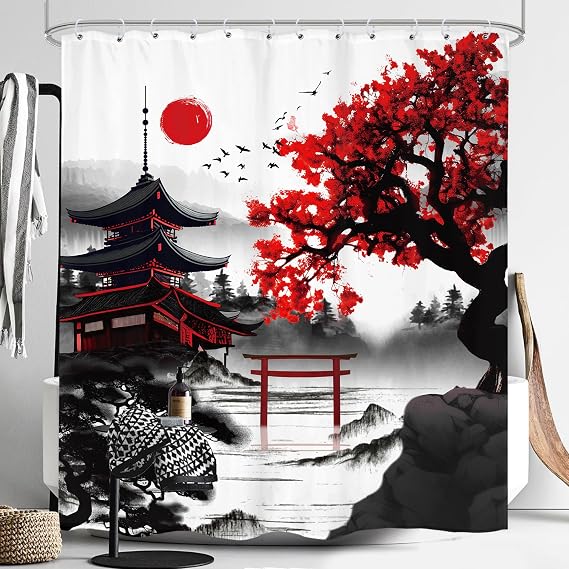 Japanese Cherry Blossom Shower Curtain 60x72 Watercolor Bathroom Decor | Black Red Floral Asian Chinese Mountain Sun Anime Rustic Weeping Bathroom Curtain Set Waterproof Polyester Fabric with Hooks