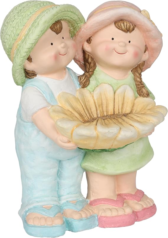 Alpine Corporation QWR1372 Boy and Girl Holding Sunflower Birdbath, Playful Child Statue with Birdbath, 17" H, Multicolor