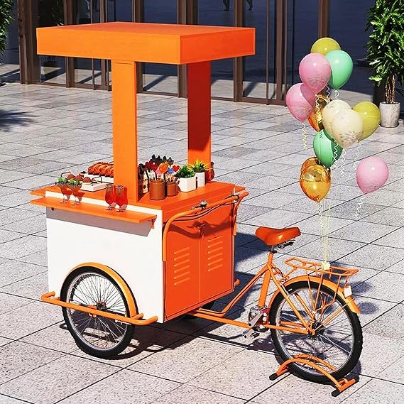 Vending Tricycle Cart Wagon Flower Cart, Snack Food Cart, Street Food Vending Tricycle, Mobile Vending Truck, Open Body Type Tricycle for Weddings Fairs, Orange