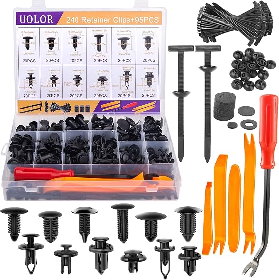 Uolor 335PCS Bumper Retainer Clips, Plastic Rivets Fasteners Push Retainer Kit, 12 Sizes Push Pin Rivets Set with Upgraded T Style Zip Ties - For Door Trim & Fender, Fits GM/Ford/Toyota/Honda/Chrysler