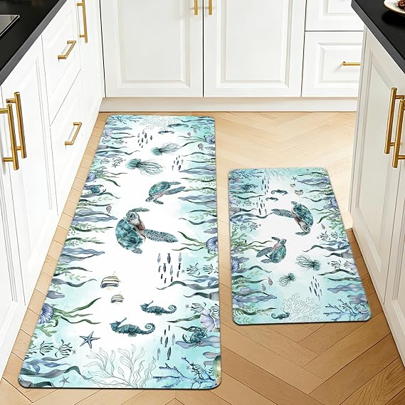 2 Pieces Sea Turtle Kitchen Floor Mats Rugs, Ocean Animals Kitchen Rugs Non Slip for Decoration, Door Mats for Hallway, Dining Room and Entryway 40x70+40x120CM
