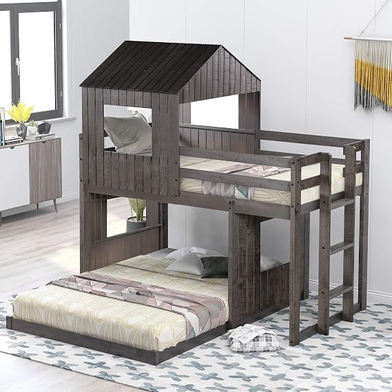 KLMM Twin Over Full Bunk Beds for Kids Toddlers, Wooden Play Farm House Bunk Bed with Roof Window Guardrail Ladder, for Girls Boys, No Spring Box Required (Antique Gray-BUNK Bed-Twin-Full-4)