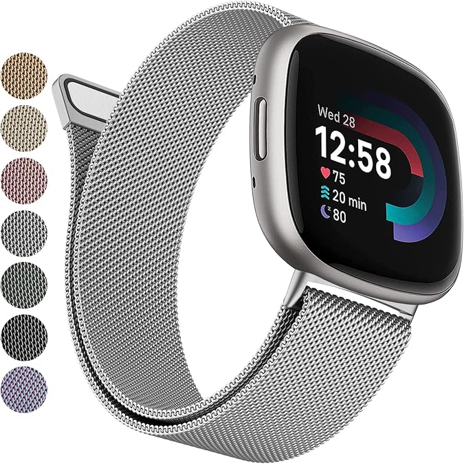 Metal Bands Compatible with Fitbit Versa 3/Versa 4/Fitbit Sense/Sense 2 for Women Men, Stainless Steel Mesh Breathable Wristband Strap with Adjustable Magnet Lock