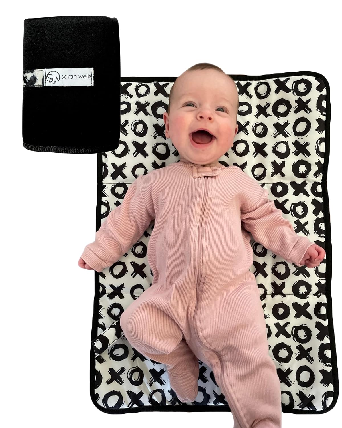 Sarah Wells Portable Diaper Changing Pad – Extra Large, Machine-Washable, Waterproof Changing Mat with Modern Print – Neoprene, Foldable for Travel or Diaper Bags Black-XOXO