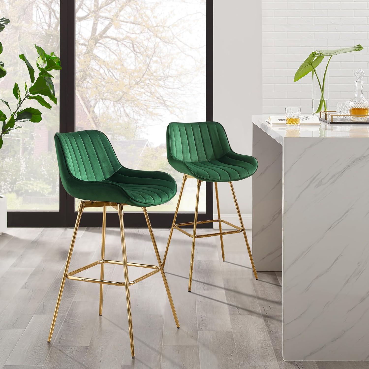 Zouron Swivel Bar Stools Set of 2 for Kitchen, 29 Counter Height Bar Chairs with Back Tall Barstools Velvet Kitchen Island Stools with Gold-Plated Metal Legs, Green