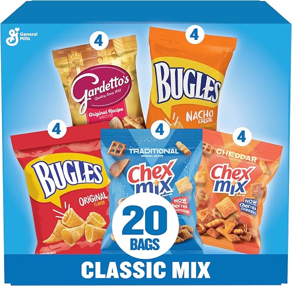 Classic Mix Snack Variety Pack, Bugles Original & Nacho Cheese, Gardetto's Original Recipe, Chex Mix Traditional & Cheddar, 800 ml (20 Bags)