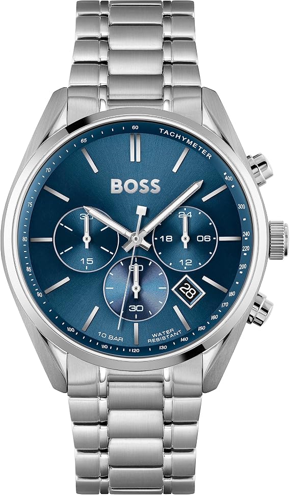 BOSS Men's 44mm Chronograph Quartz Watch Champion Collection with Stainless Steel or Leather Bracelet, Date Function, 3 Sub-Dials, 10ATM Water Resistance