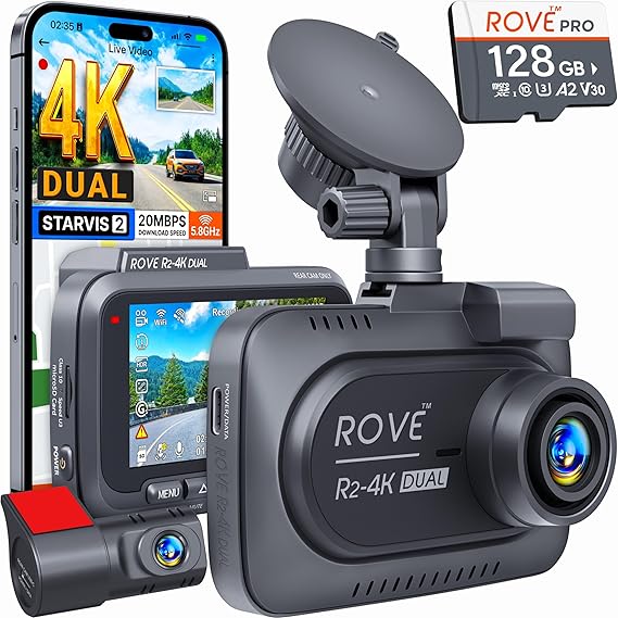 ROVE R2-4K Dual Dash Cam Front and Rear, SRTARVIS 2 Sensor, Free 128GB Card | 4K Front + FHD Rear Rcording, 5.8GHz WiFi, 20MB/s Download Speed, App, GPS, 3" IPS Screen, 24-Hr Parking Mode, Night Vision